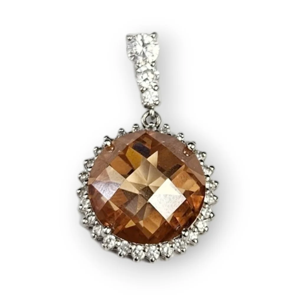 Sterling CZ Halo Pendant Faceted Amber Glass Pave White 925 Silver Drop 1 1/8